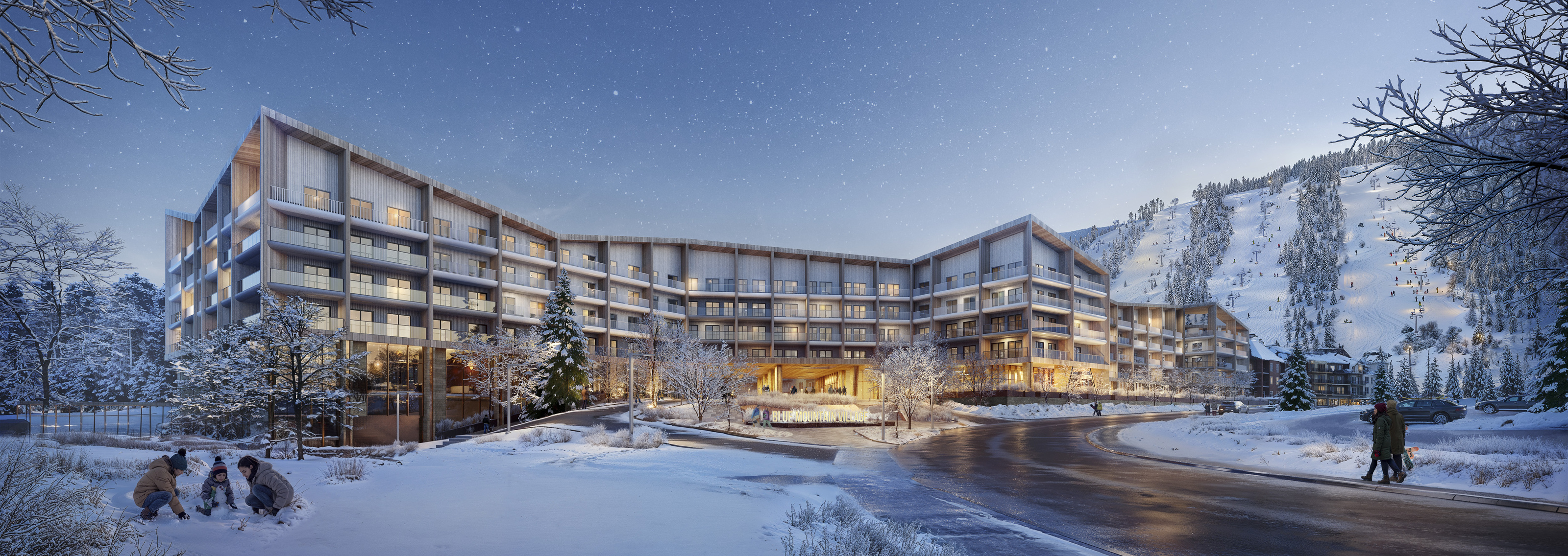 Resort in winter at dusk