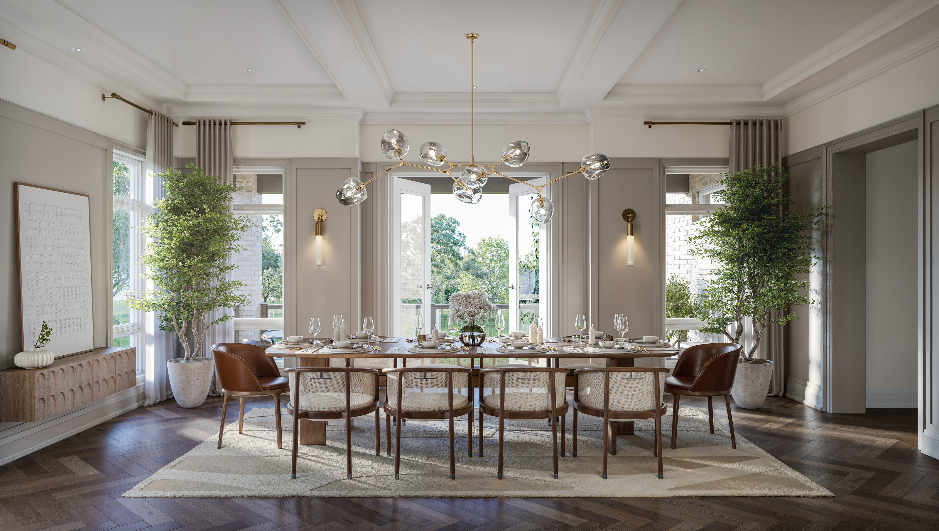 Dining room with a long table and garden views