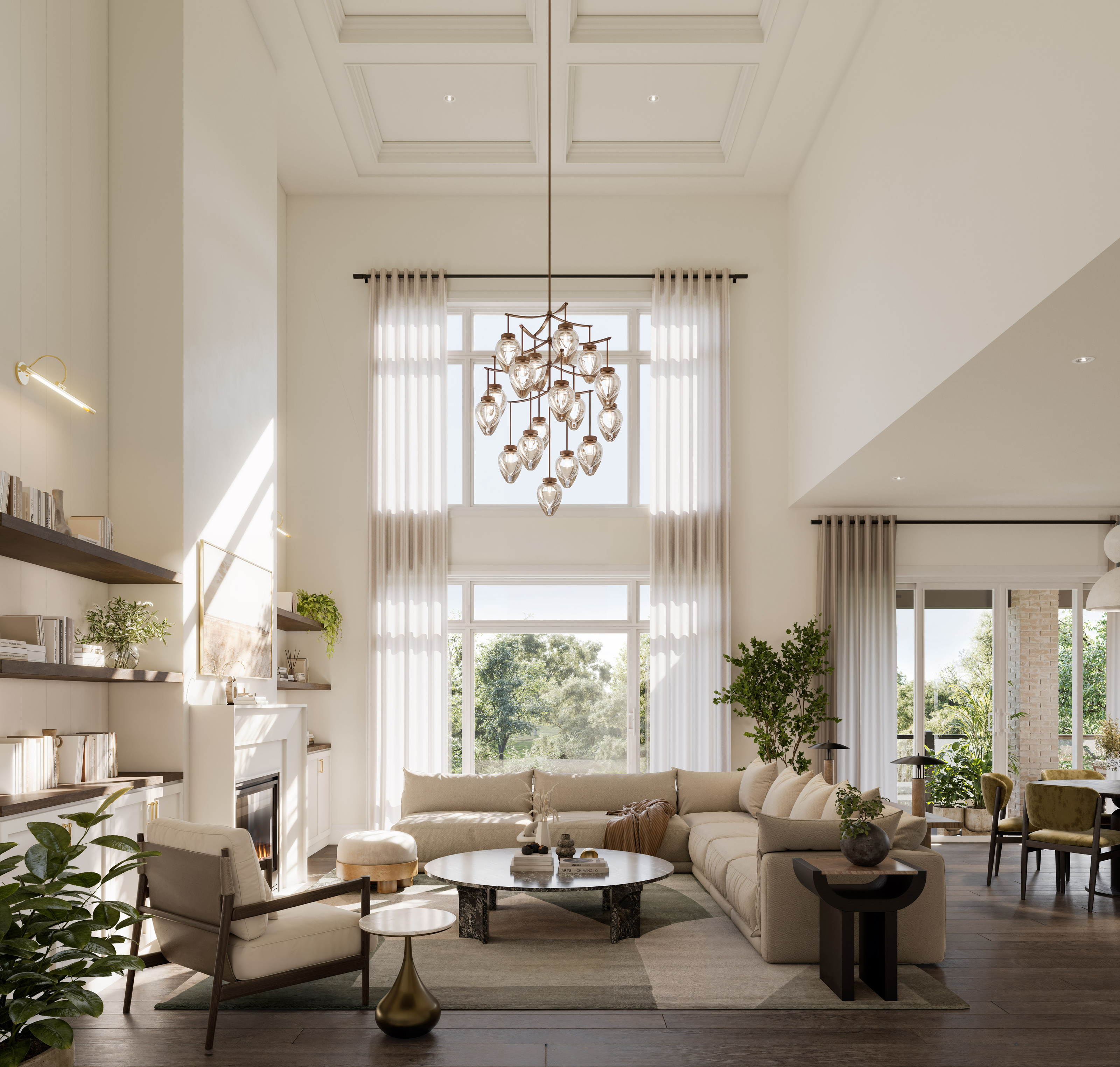Double-height great room with a suspended chandelier