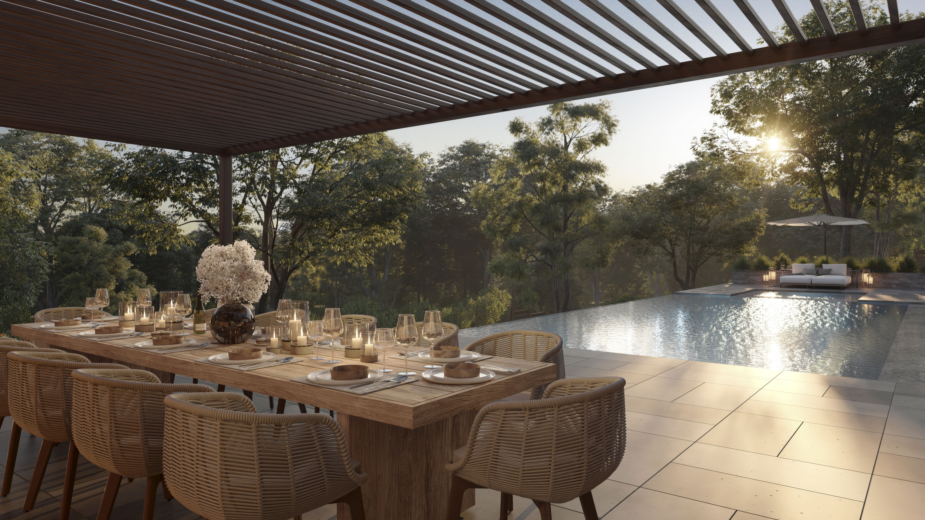Outdoor dining terrace under a pergola beside the pool