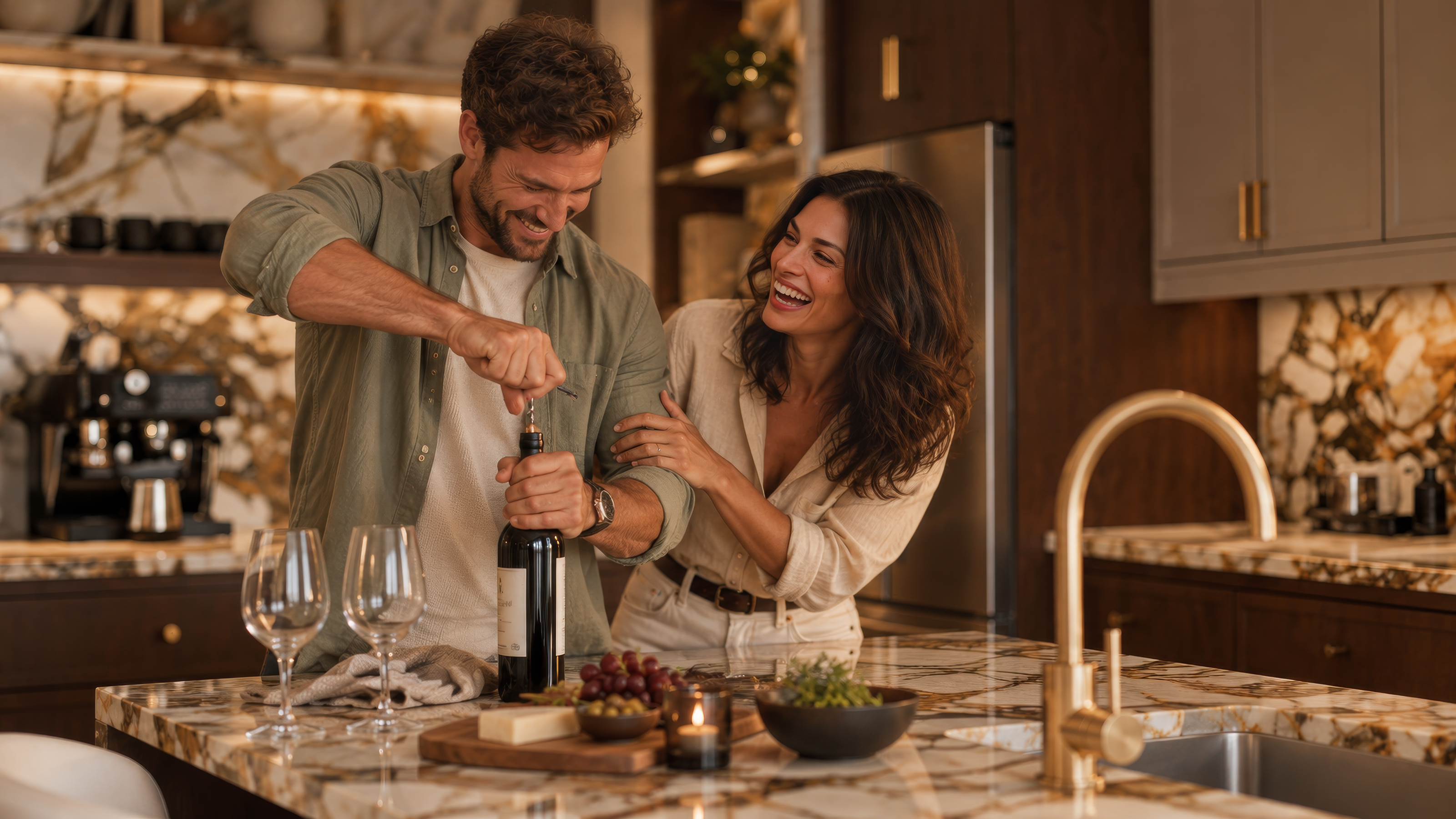 Everstone kitchen scene: Opening the wine