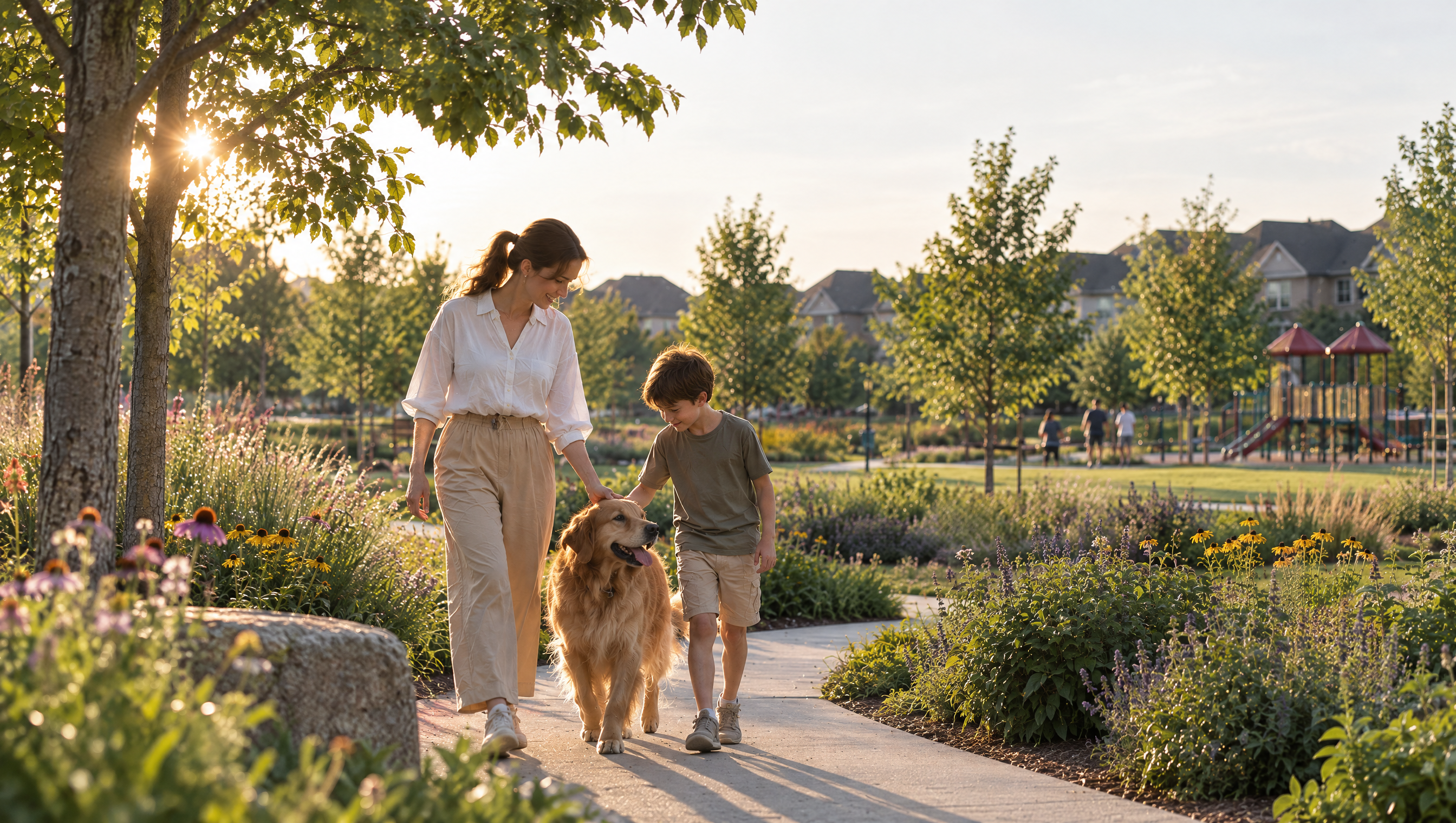 Everstone woman and her son with their dog in a sunlit park