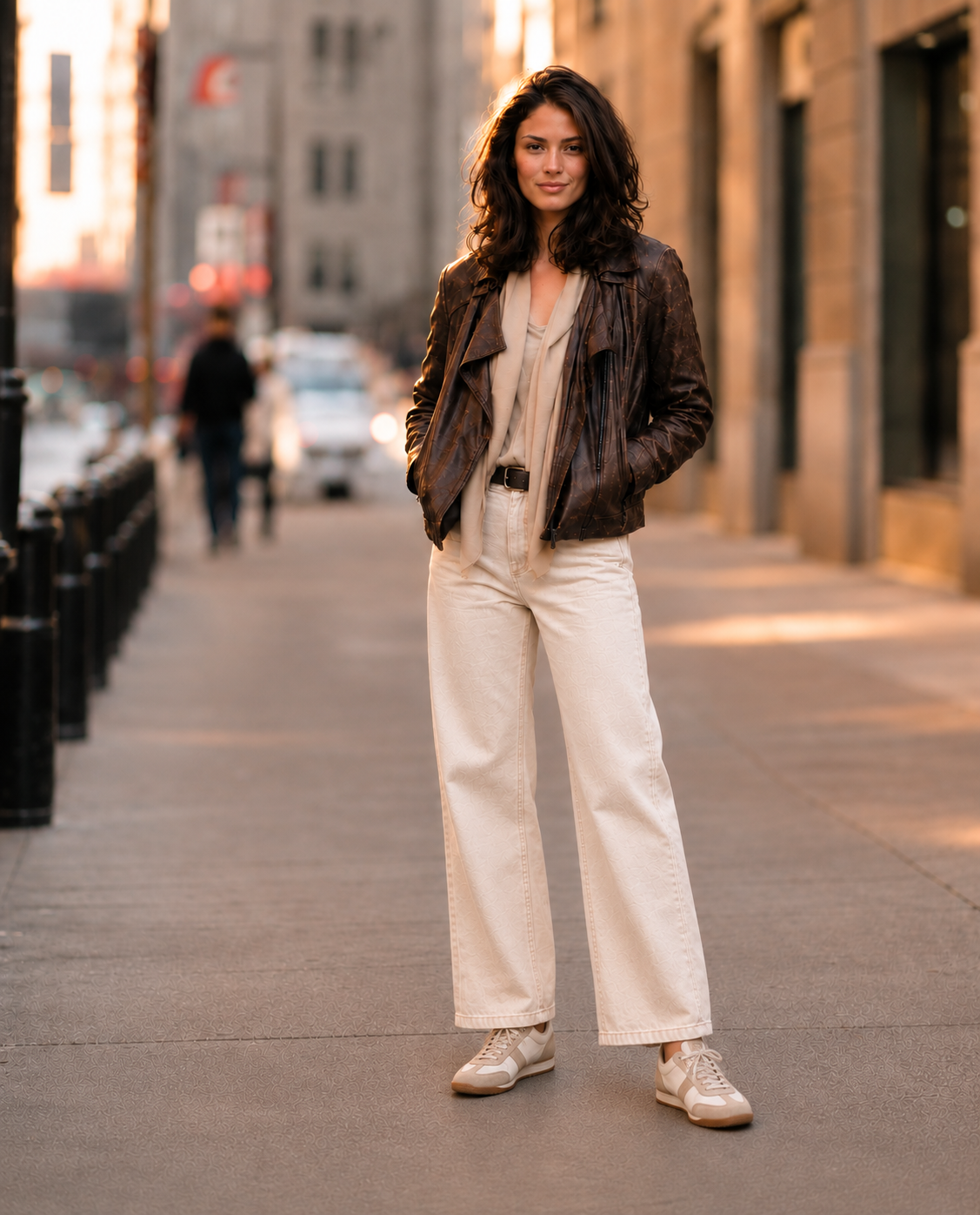AI-generated Everstone female character in a brown leather jacket and cream trousers